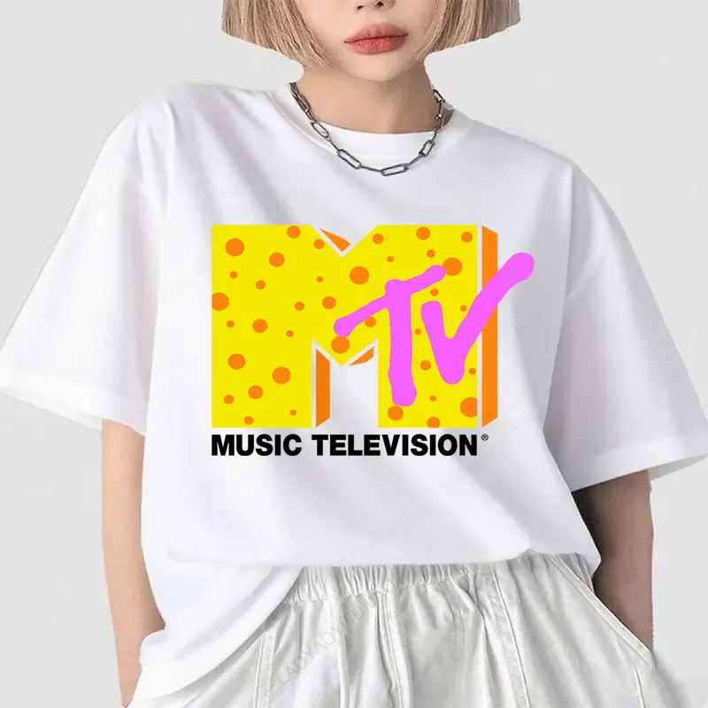 MTV الموسيقى التلفزيون الجرافيك بلايز 80s90s خمر الشارع الشهير موضة Crewneck للجنسين تيشيرت مطبوع رائجة البيع القطن Y2k الملابس #3