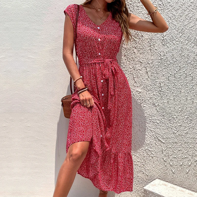 

Summer V-neck Print Casual Dress Women Spring A-line Female Elegant Holiday Fashion Short Sleeve Beach Long Dress Vestidos 24709