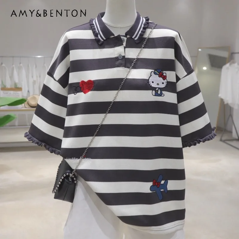 

Kawaii Age-reducing Girl Striped Cartoon Embroidery Tshirt 2025 Summer Loose Fungus Edge POLO Collar Short-sleeved T-shirt Women