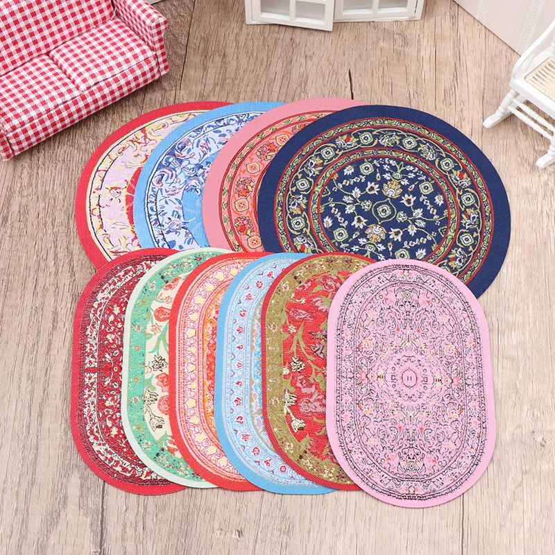 (.) 1:12 Dollhouse Miniature Round Floor Rug Cover Oval Carpet Floor Mat Model Bedroom Living Room Decor Toy Doll House Access