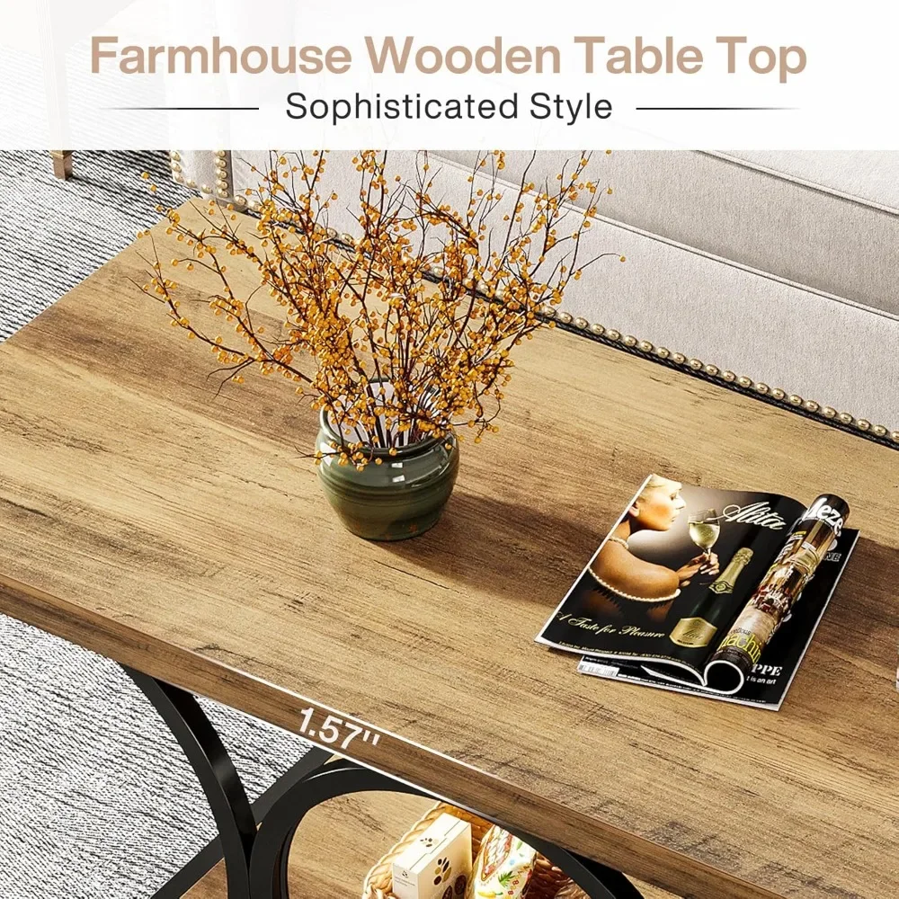 Mesa de centro rústica de granja de 47" - Mesa central rectangular de madera de 2 niveles para sala de estar