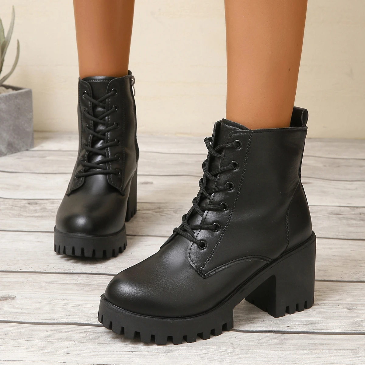 Leather Booties Spring Fall New Round Toe Lace-Up Side Zip Platform Non-Slip Block Heel Shoes