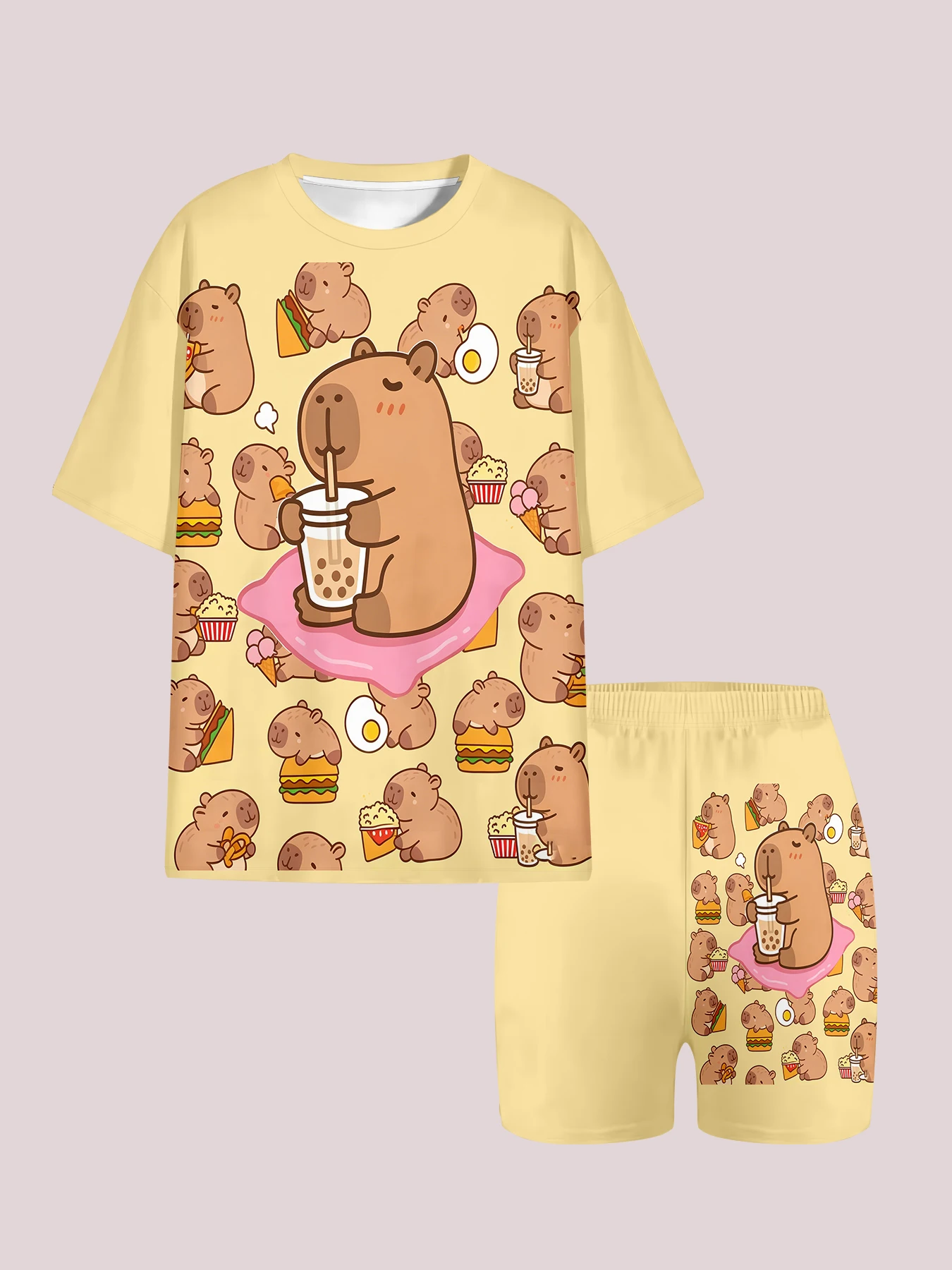 Kawaii Capybara Fast Food Print Kids Pajama Set 2Pcs Short Sleeve T-shirt Shorts Girls' Sleepwear Comfortable Nighttime Clothes