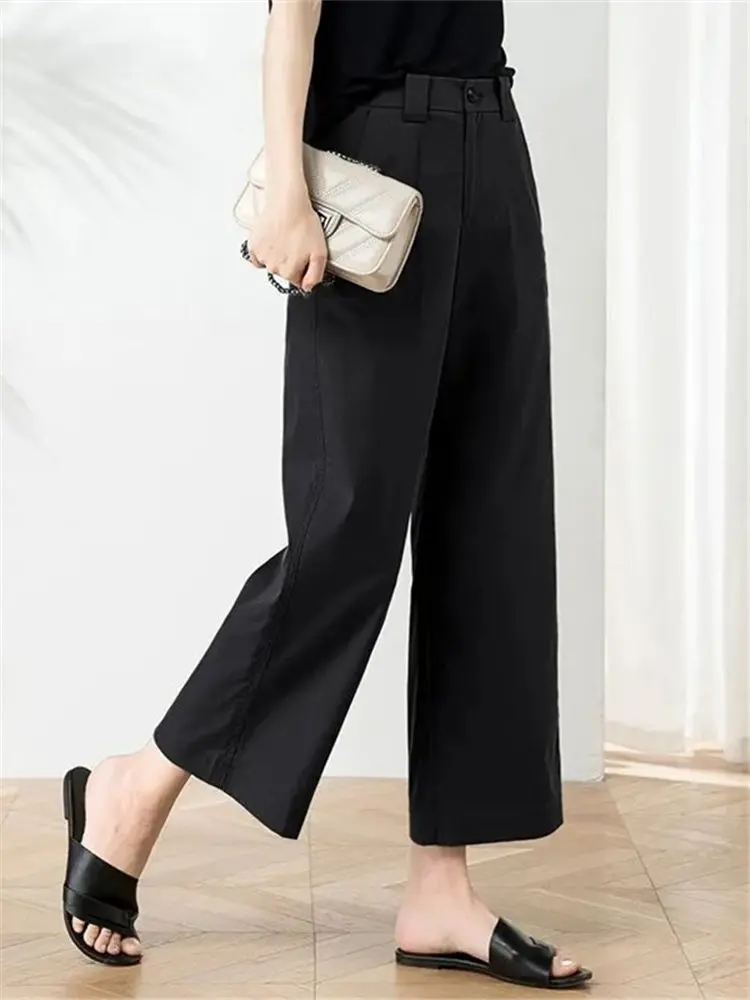 Zomer katoenen wijde pijpen broek casual hoge taille losse afslankende kleine maat rechte damesbroek trendy Koreaanse Sle