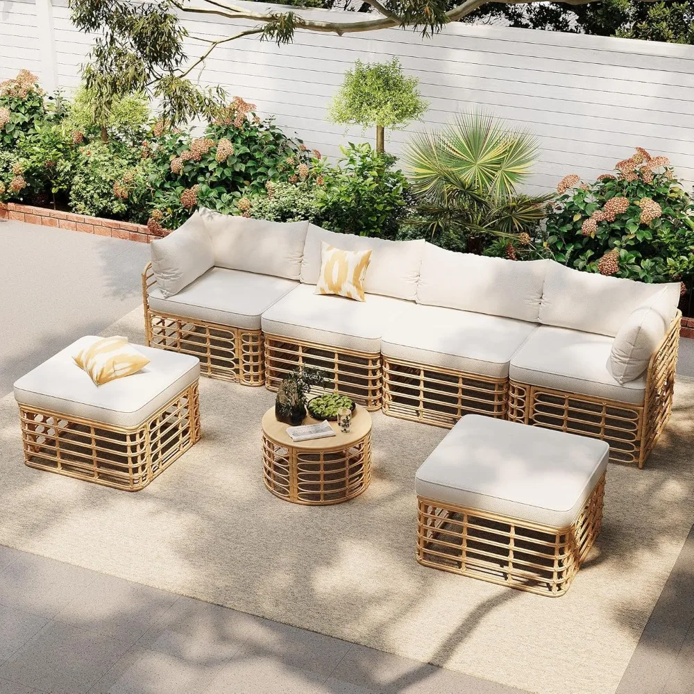 

7-Piece Wicker Patio Furniture Set, Outdoor Sectional Sofa PE Rattan Wicker Patio Freely Combined Conversation Sets