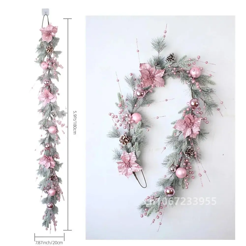 New Christmas Pink Wreath with Balls Artificial Plant Rattan Garland Christmas Rattan Hanging Ornament for New Year Home Decor