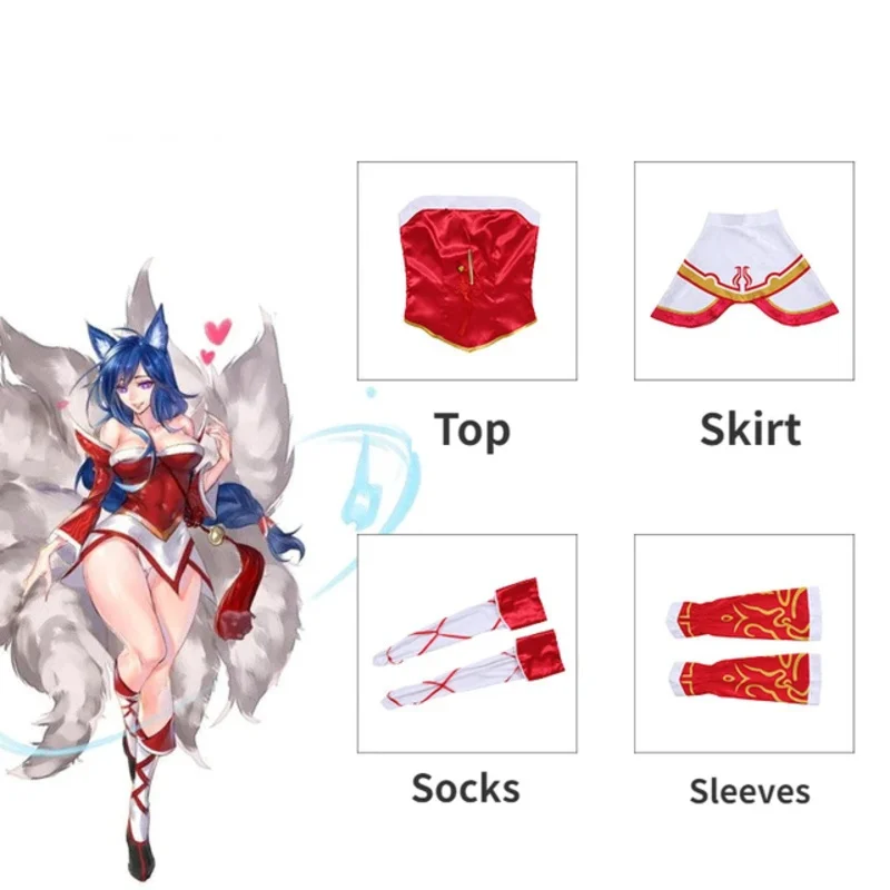 Disfraz de cosplay lol Ahri the ninofilied Fox para mujer, peluca de anime, vestido de kimono rojo sexy, traje de uniforme para Halloween, fiesta de Carnaval