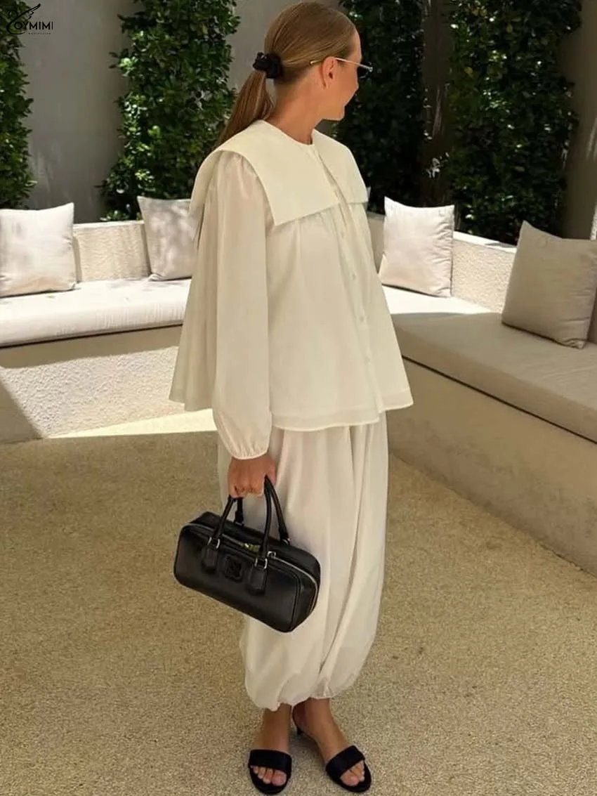 Oymimi أزياء القطن الأبيض 2 قطعة مجموعات امرأة الزي أنيقة بحار طوق كم طويل زر القمصان والسراويل الرباط مجموعات