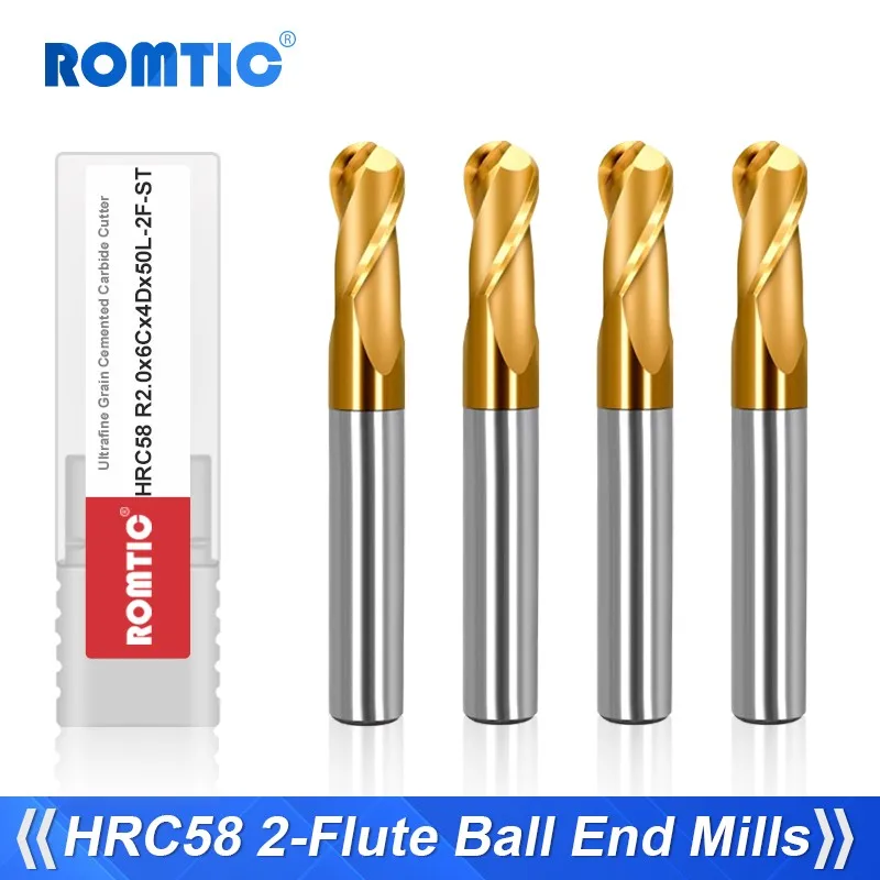 

ROMTIC HRC58 Tungsten Steel Carbide Balzers AD Coating 2-Flute Ball End Milling Cutter CNC Machinery Machining End Mill Tool