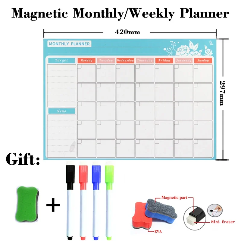 297MM*420MM Size Magnetic Weekly Monthly Planner Dry Erase Whiteboard Fridge Sticker Bulletin Board Gift 4 Pens 1 Eraser