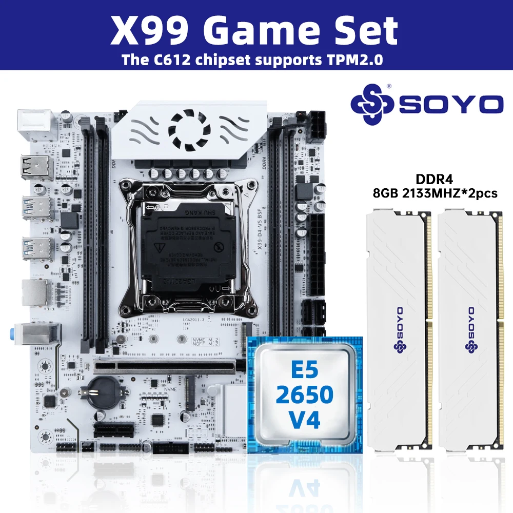 

Комплект материнской платы SOYO White X99 с процессором E5-2650 V4 и DDR 2133 МГц 8 ГБ * 2 = 16 ГБ ОЗУ LGA2011-3 Чипсет C612 Двухканальный DDR4 M.2