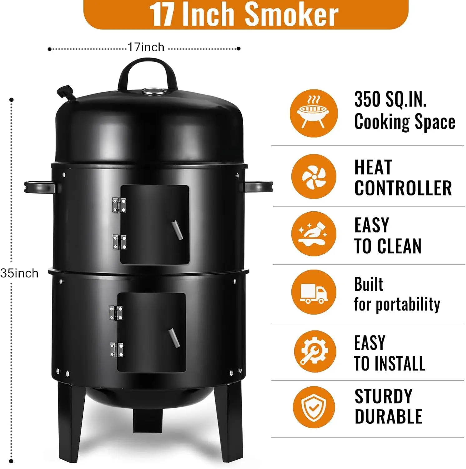 Outdoor Vertical 17 Inch Charcoal Smoker Grill with Thermometers and Air Vent, Multi-Layer, Portable