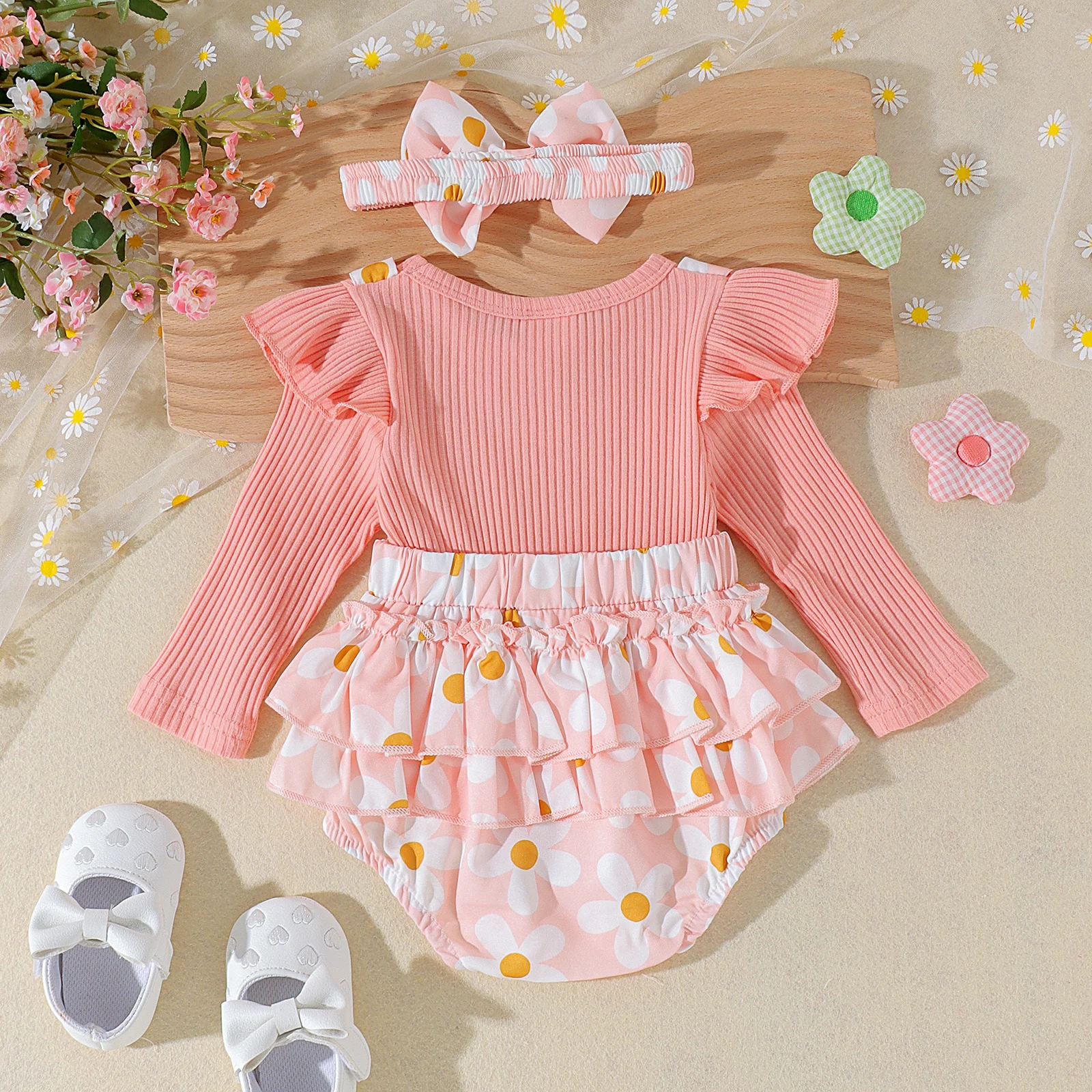 2PCS Autumn New Style 0-1 Year Old Girl Baby Sweet And Cute Round-Collar Long-Sleeved Shirt Printed Pants + Head Estimate