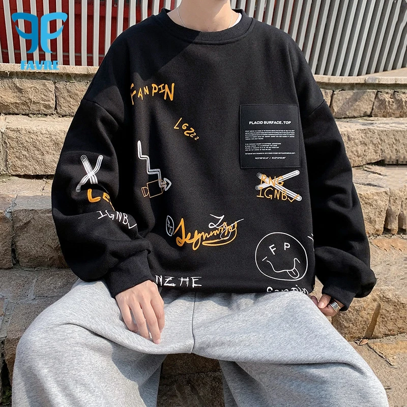 

FAVRE Hand Drawn Cartoon Sweatshirts Mens Roundneck Personality Print Pullovers Spring Autumn Korean Version Ins Male Loose Tops