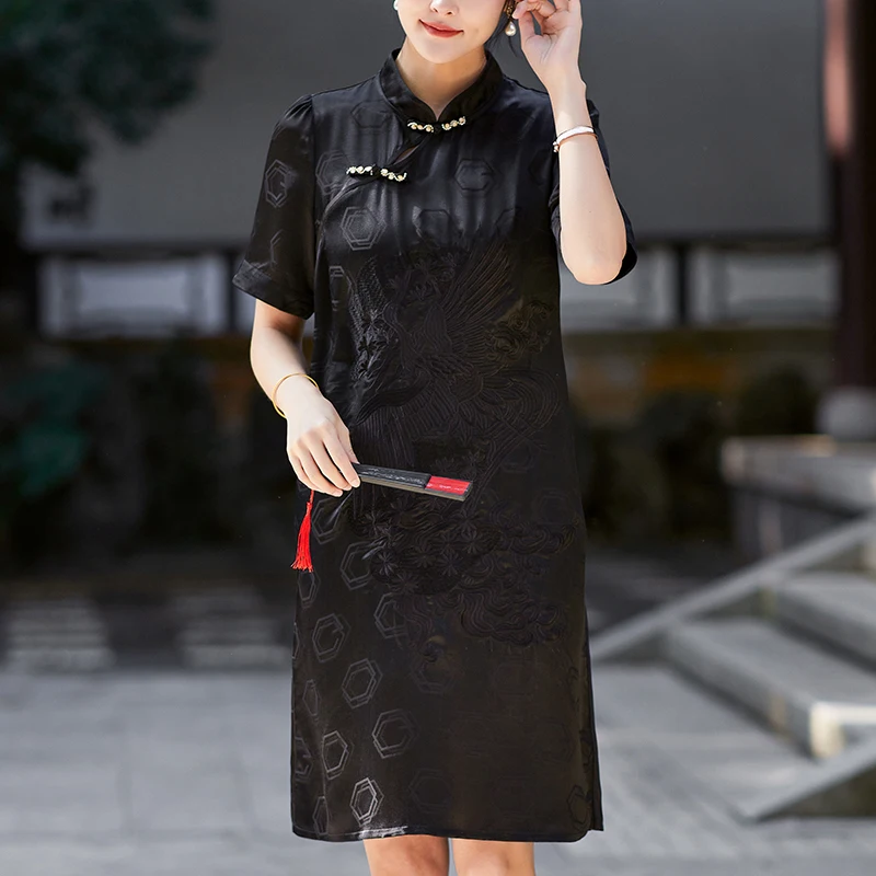 

Real Silk Women's Black Dress 2024 Summer Elegant Dresses For Women Short Sleeve Embroidery Chinese Style Cheongsam Dress A-line