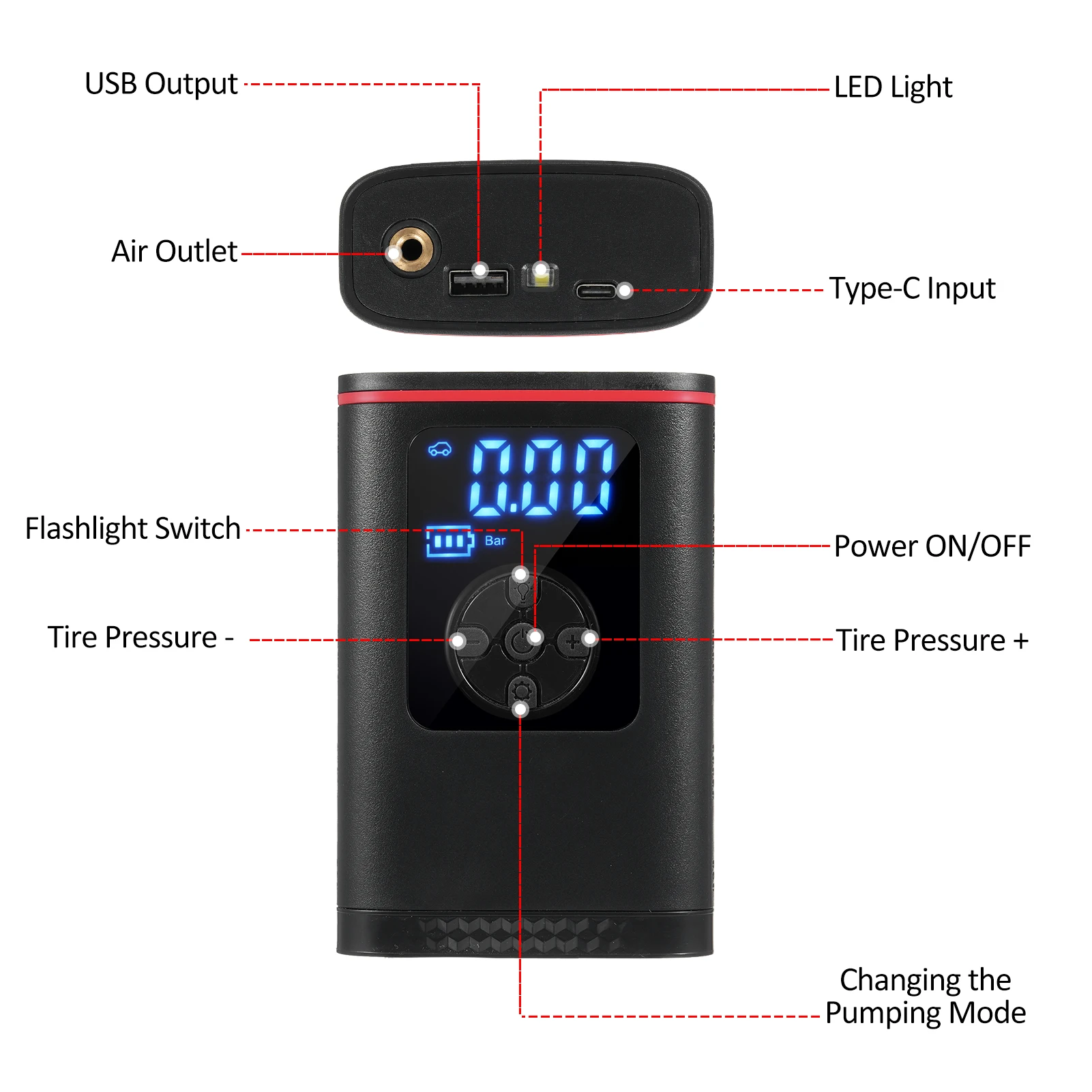 

Tire Inflator Portable Air Compressor Electric Air Pump for Car Tires with 6000mAh(3000mAh * 2) Battery Capacity LCD Display 150