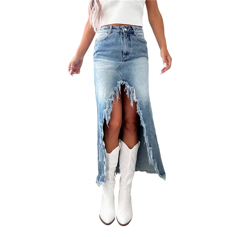 

ABRT-Womens Casual Slit Denim Midi Jean Skirt High Waist Frayed Distressed Button A-Line Long Jean Skirt
