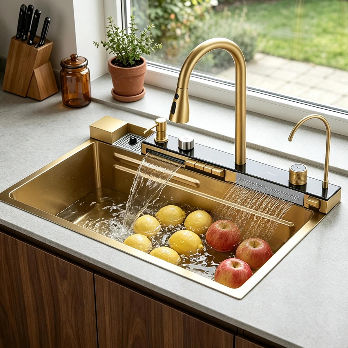 Gold Brushed 304 Stainless Steel Kitchen Sink 75x45cm Waterfall Design with Digital Display Dishwasher Faucet Single Bowl for Kitchen