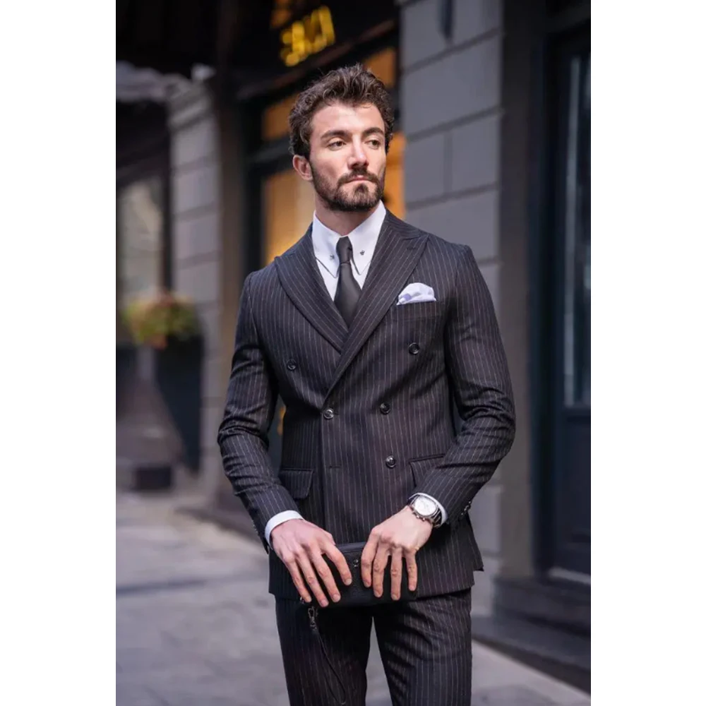 Chic Black Pinstripe Male Suit Slim Two Piece Fashion Business Casual Office Outfits Elegant Peak Lapel Double Breasted Suits