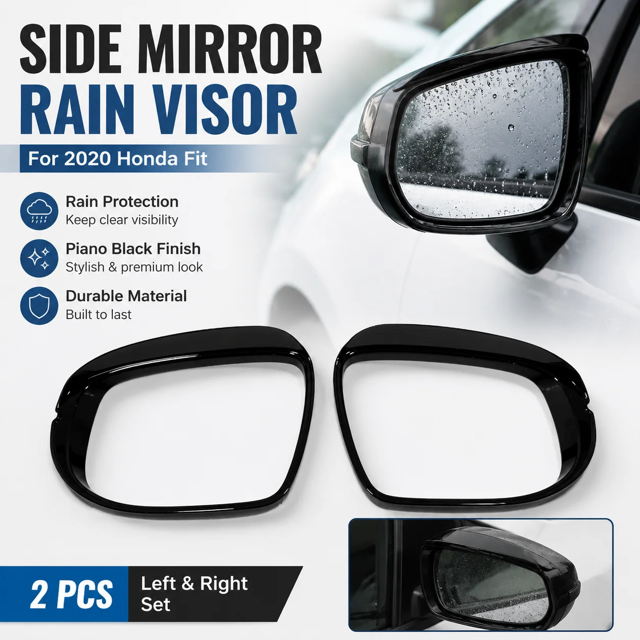 For 2020 Honda Fit Side Mirror Rain Visor 2 Pcs Piano Black