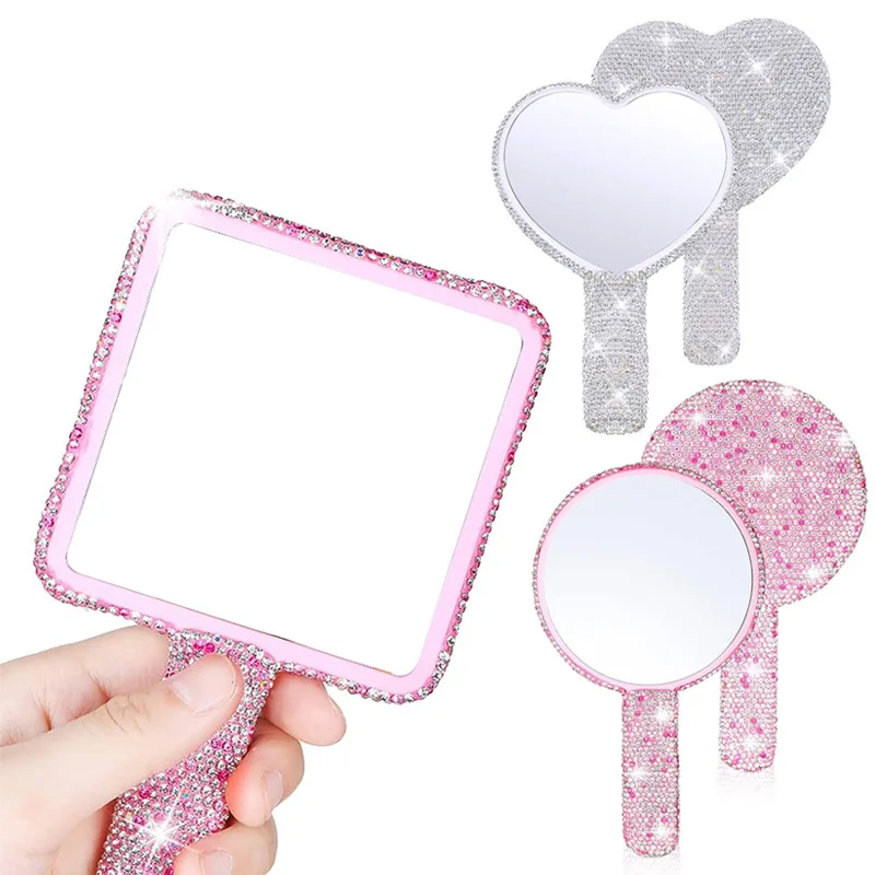 Sparkling Handheld Makeup Mirror Travel Mirror with Handle Rhinestone Portable Bling Makeup Tools Accessories Square Round Heart