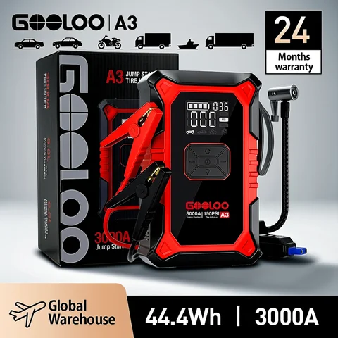 GOOLOO A3 Jump Starter with Air Compressor, 3000A Portable Car Battery Booster (9.0 Gas/6.5L Diesel) with 150PSI Auto-Shutoff Ti