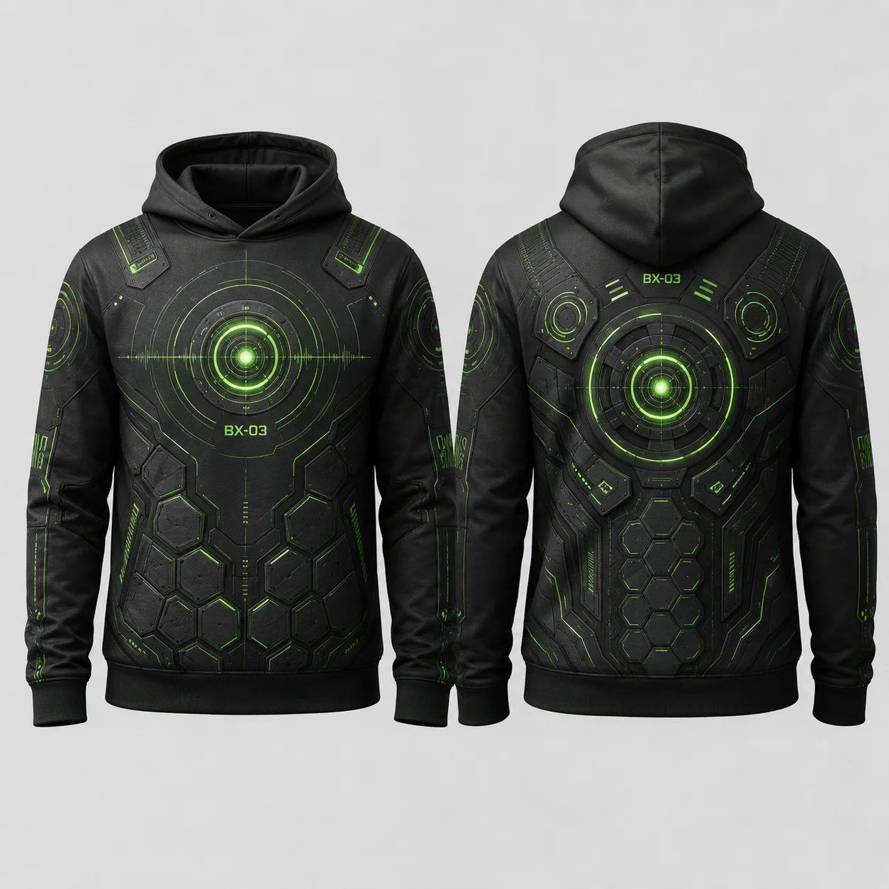 Cyber Tech Hoodie Men Black Green 3D Sublimation Print Flat Graphic Pullover Sweatshirt Futuristic Streetwear Casual Top