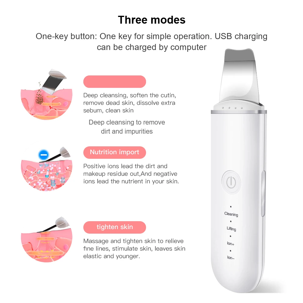 Ultrasonic Skin Scrubber Vibration Face Spatula Blackhead Remover Shovel Clean Cavitation Peeling Facial Lifting skin care