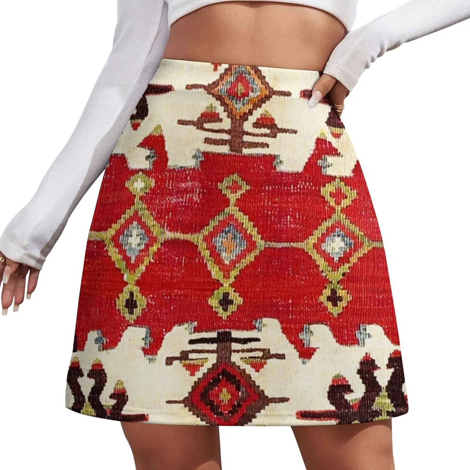 

Burdur Antique South West Anatolia Turkish Kilim Print Mini Skirt short skirt for women Mini Skirt