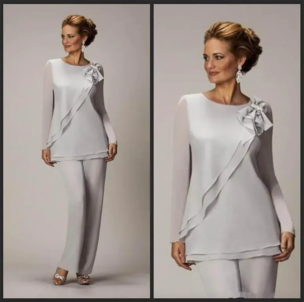 Two Pieces Set Jewel Neck Mother of the Bride Pants Suit for Weddings Long Sleeves Cheap Chiffon Plus Size Mother's Groom