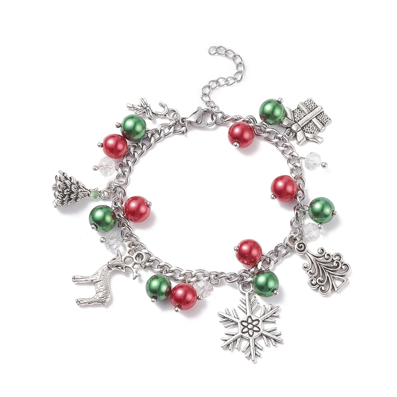 

Kissitty 20Pcs Antique Silver Color Christmas Tree Snowflake Reindeer Alloy Charm Glass Pearl Bracelet with Curb Chain for Women