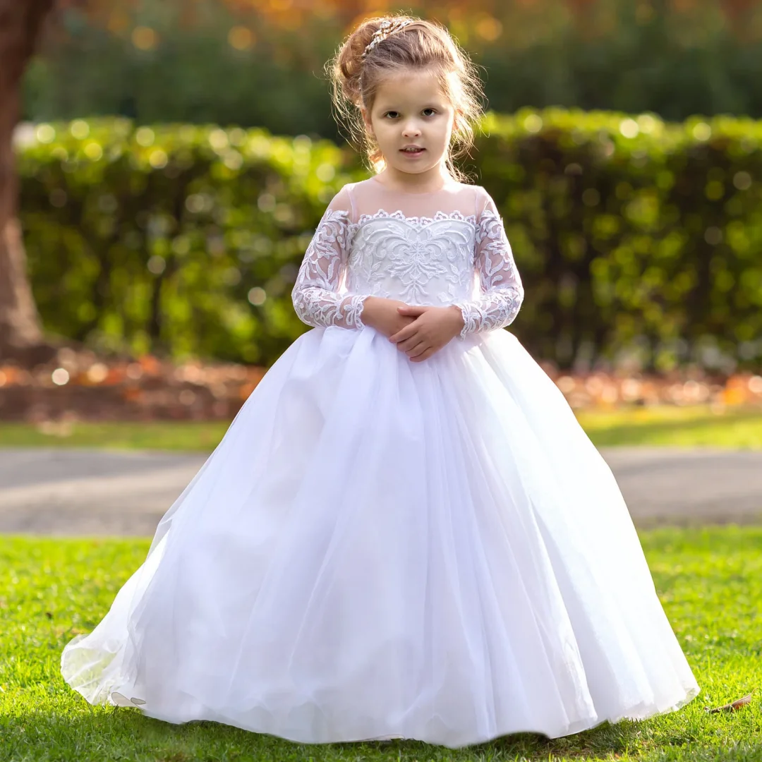 

Customized Flower Girl Dresses White Appliques With Trailing And Bow Long Sleeve For Wedding Birthday Prom Holy Communion Gown