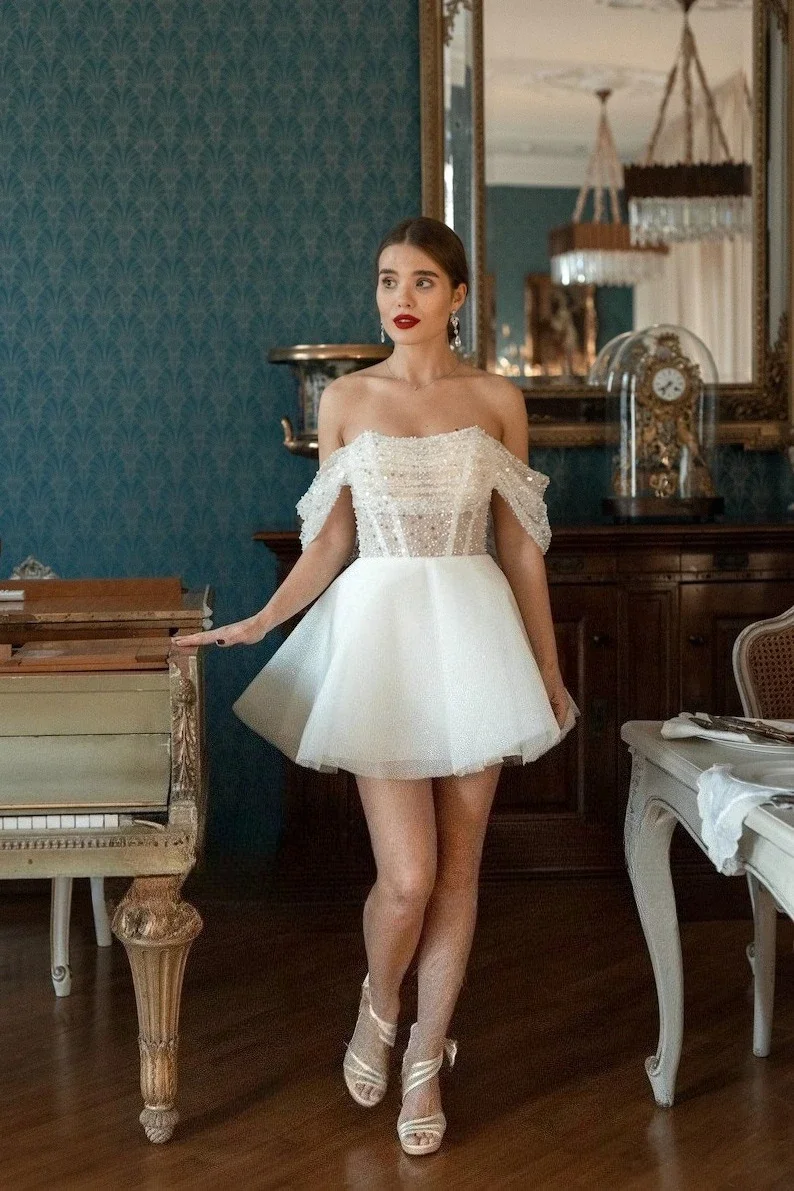 Corset Sparkly Off The Shoulders Wedding Dresses Gliter Dress Bridal White Simple Wedding Dress Elopement Short Wedding Dress