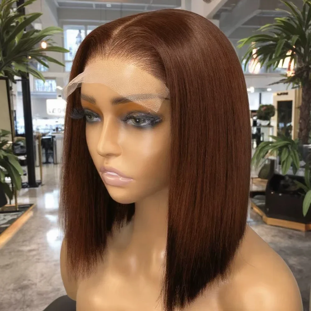 

13X4 HD Прозрачный кружевной фронтальный парик Шоколад # 4 коричневых прямых коротких парика боб, плотность 200%, 100% человеческие волосы, предварительно выщипанные для женщин