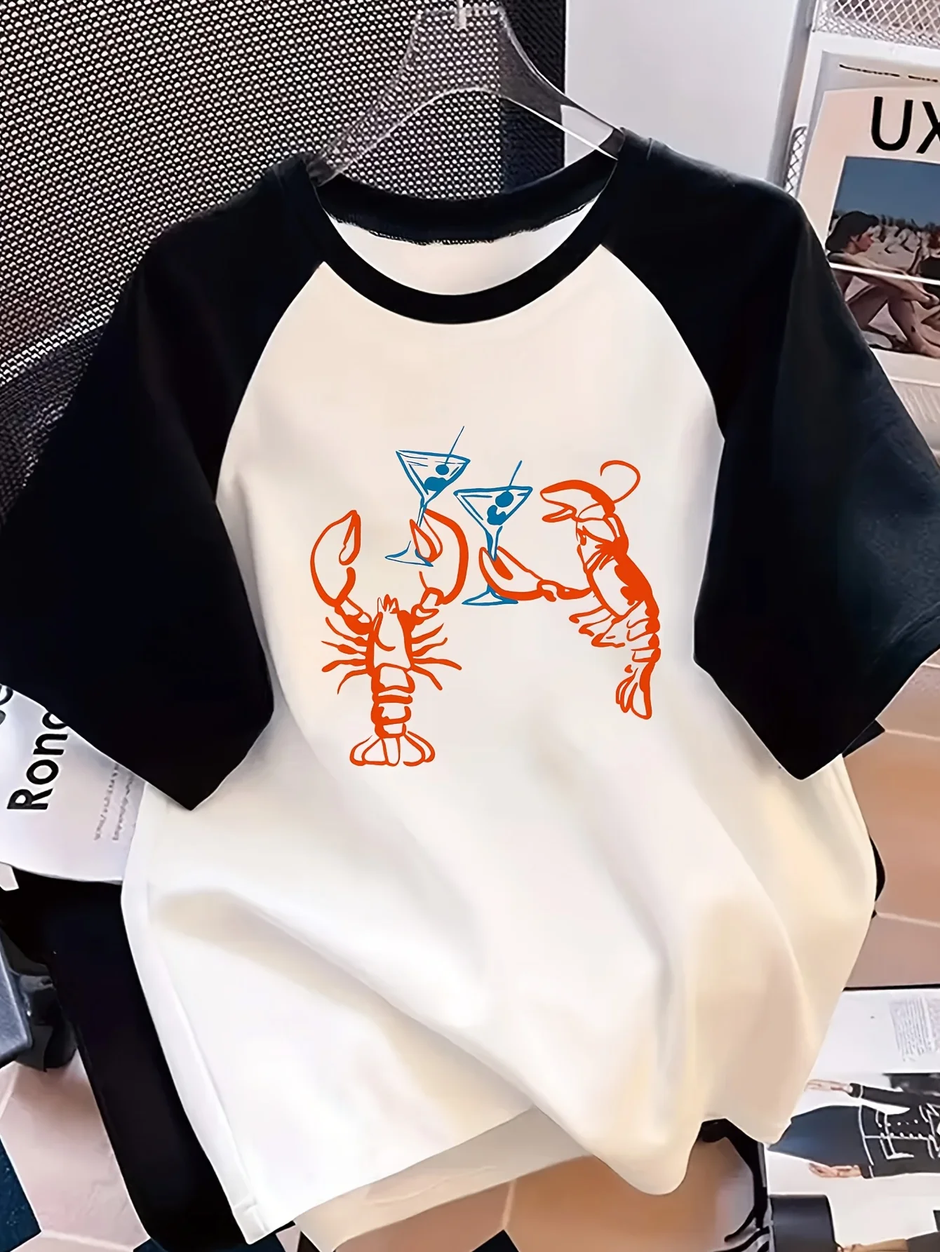 Summer Party Style T-Shirt for Women Featuring A Shrimp Print with A Relaxed Fit and Short Raglan Sleeves 2026 Female Tops Tee