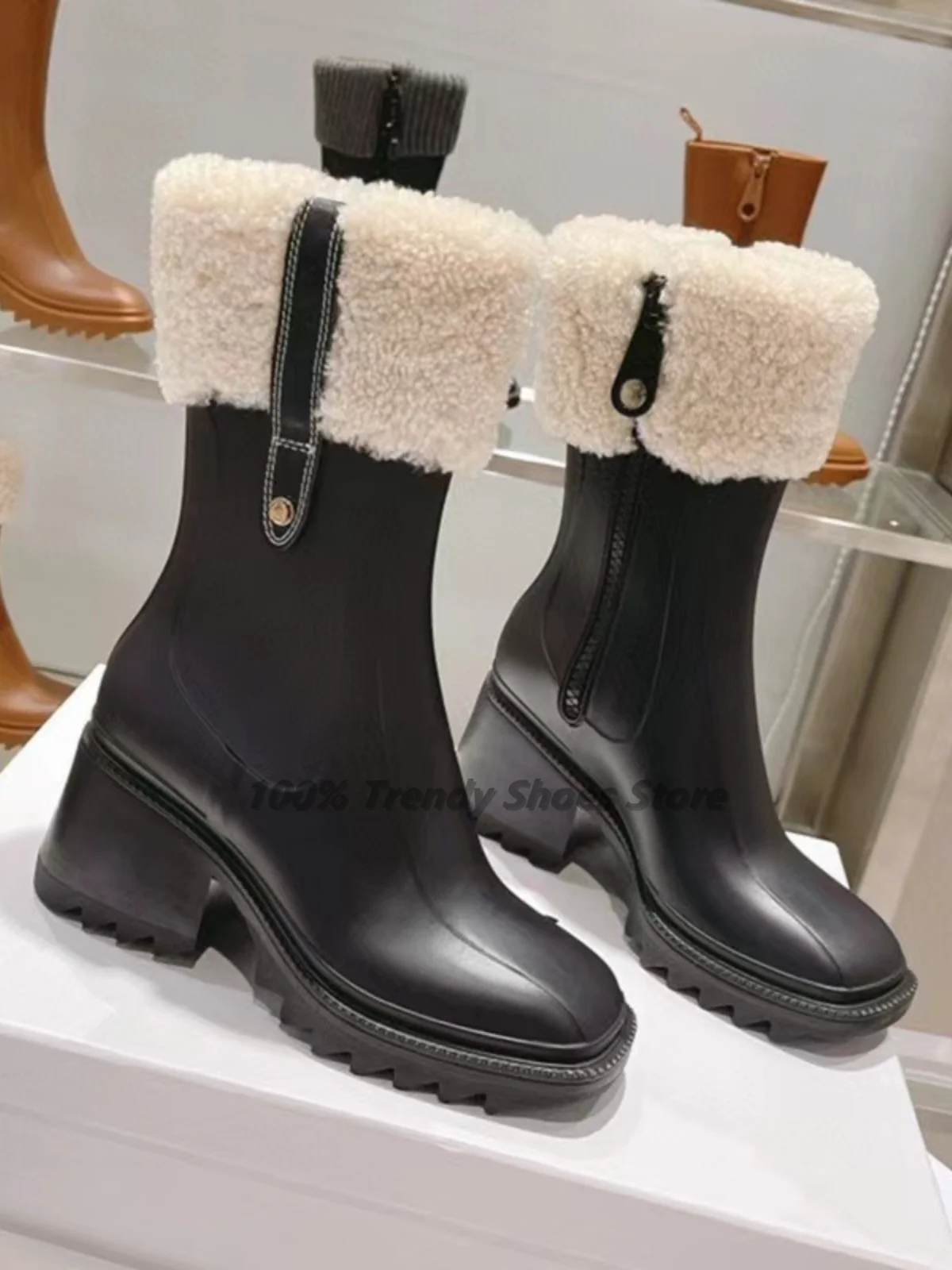 Hot Selling Lamb Wool Rain Boots, Women's Midsole Spliced Side Zipper Knight Boots, Thick Heel Retro Full Leather High Heels