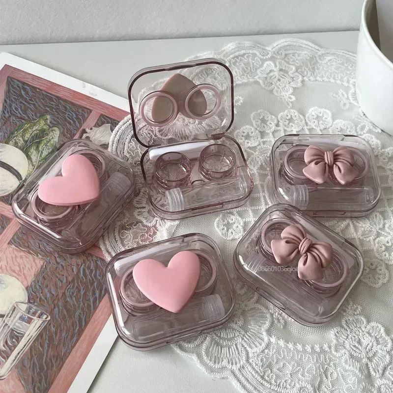 Contact Lens Cases Pink Transparent Love Bow Contact Lens Case Girl Portable Beauty Pupil Storage Box Travel Eye Care Container