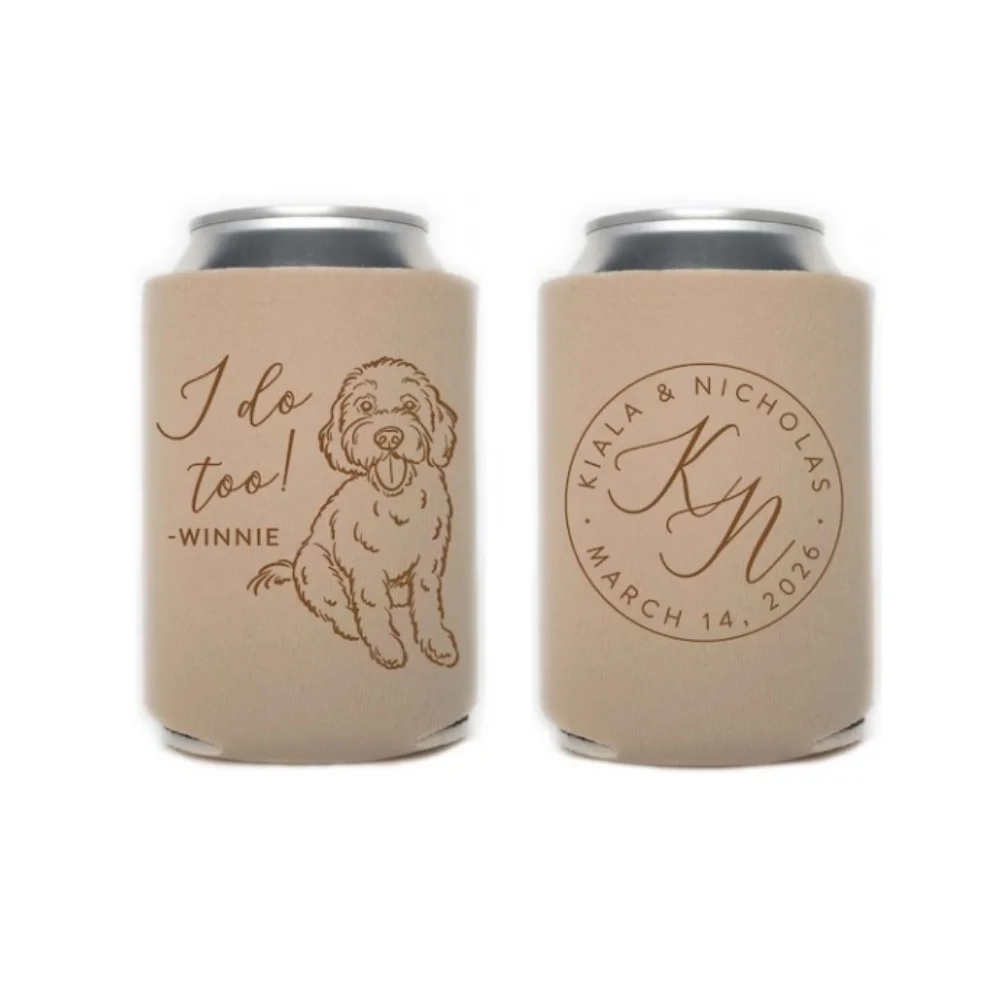 

Personalized Wedding Can Cooler, Custom Pet Illustration, I Do!, Wedding Favors,Beverage Holder, Can Insulator,Beer Huggers