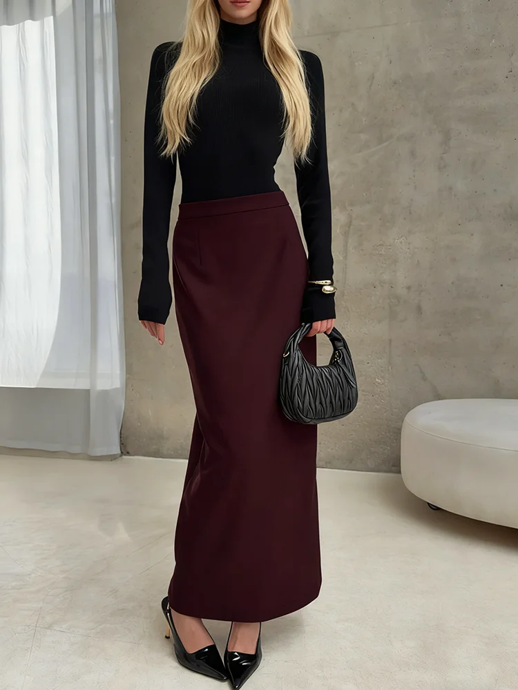 2026 Autumn/Winter Solid Color French Slim Fit Slit Skirt Women's Street Style Fashion Long Pencil Skirt Dark Brown Female Jupe