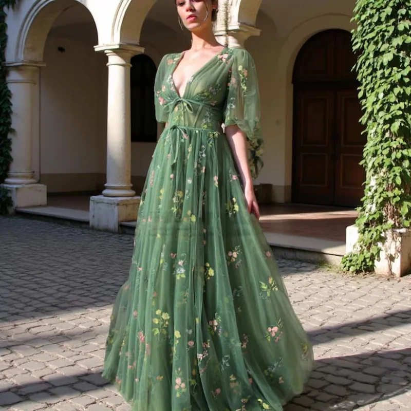 

Custom Chiffon Tulle Ball Dress V-Neck Floral Embroidery Dress Long Dress Evening Dress Summer Half-Sleeved Halter Dress