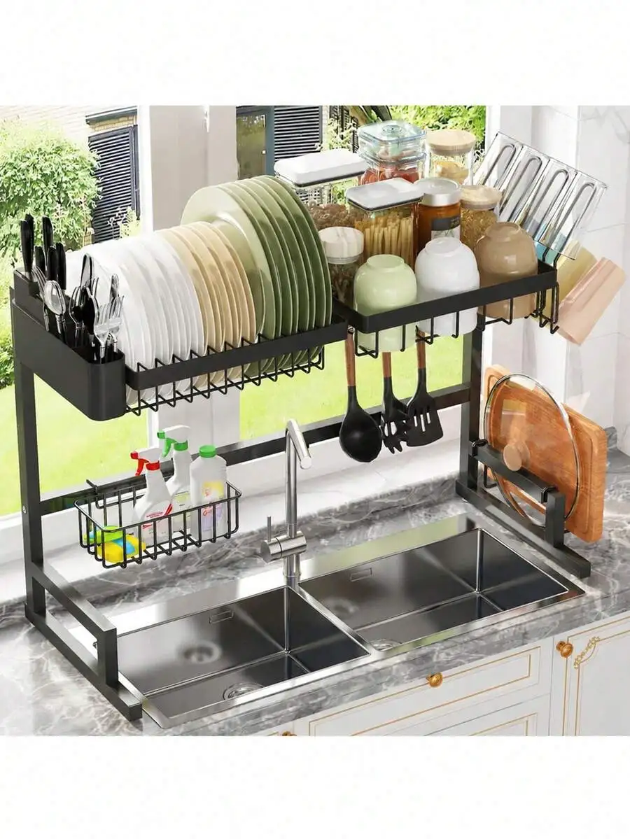 Dish Drying Rack-2-Tier Over- Space-Saving Metal Kitchen Organizer, Includes Utensil Holder, Sponge & Knife Slots, Hooks, And An