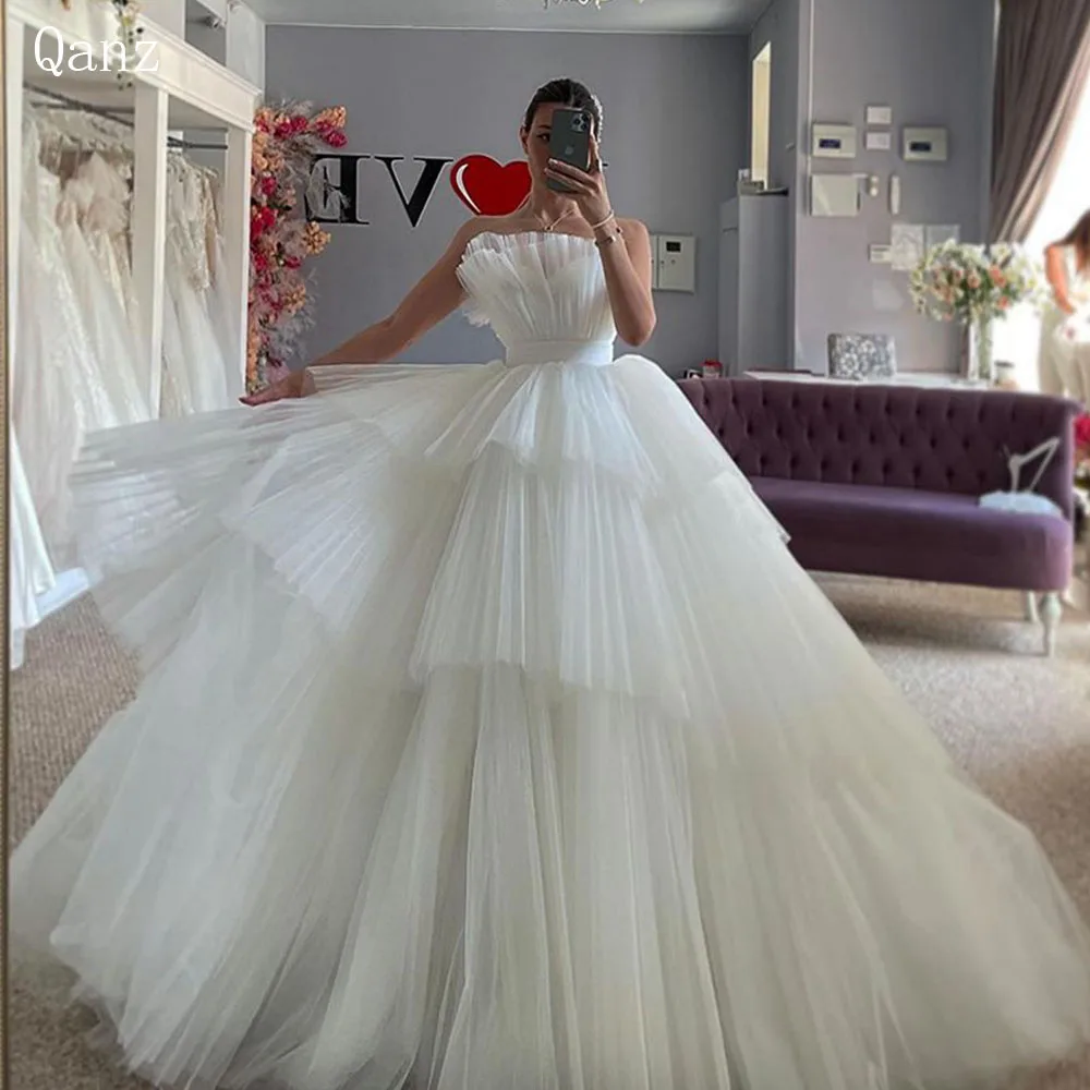 

Qanz Elegant Off the Shoulder Ball Gown Wedding Dress 2024 For Women Tiered Tulle Pleat Bridal Gown Court Train Vestidos De Gala