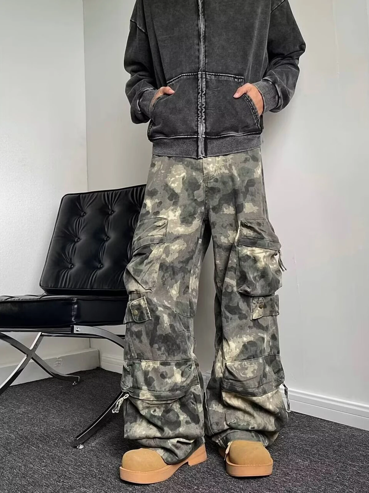 

Casual Washed Denim Workwear Jeans Men's Spring Autumn American Street Hiphop Loose Straight Leg Pants with Big Pockets