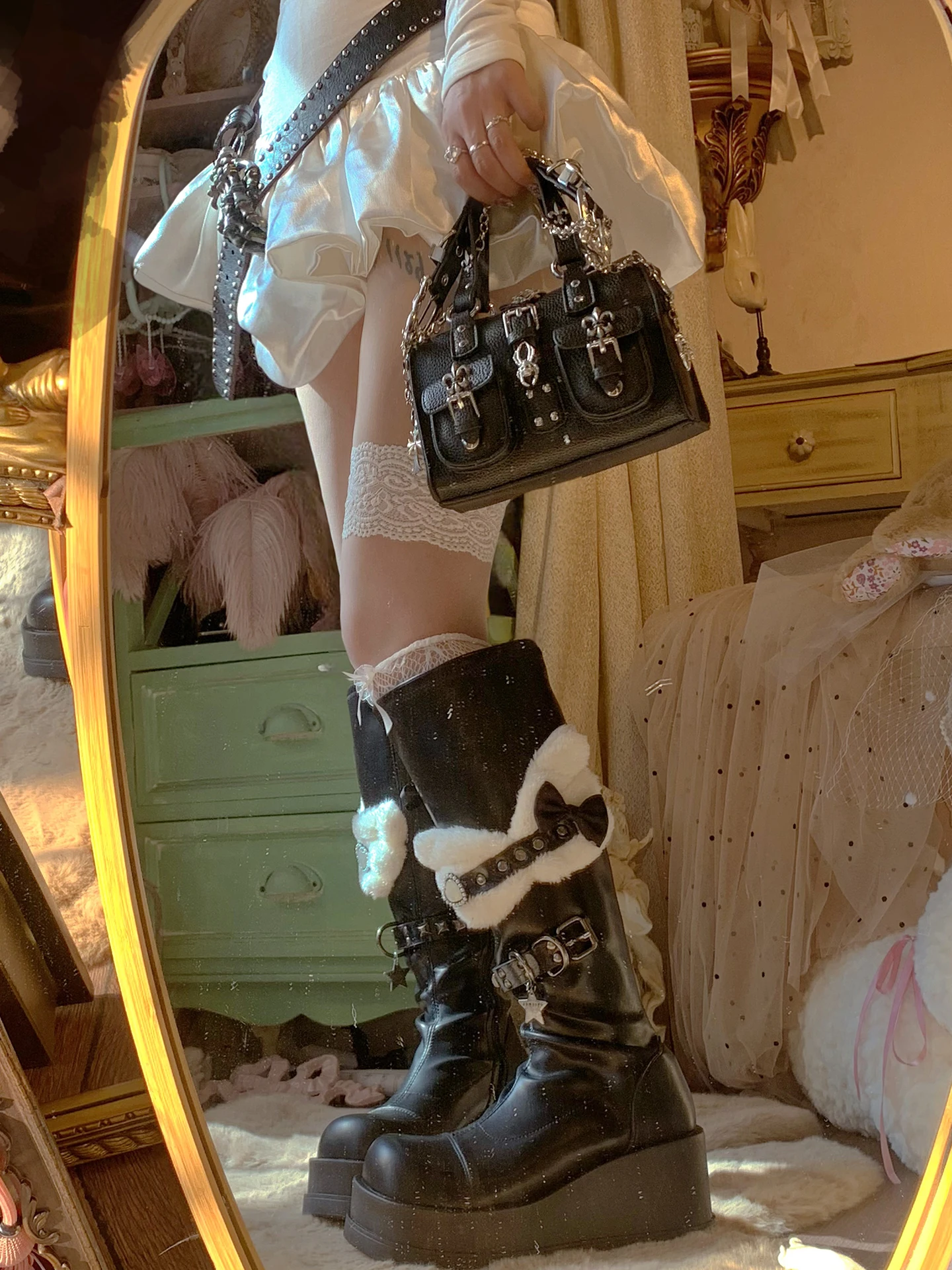 Pinkyo Original Metal Chain Skull Handbag Dark Punk Subculture Millennium Lolita Spicy Girl Shoulder Bag