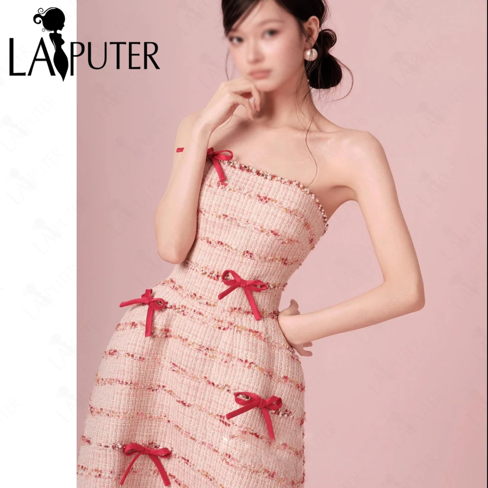 ชุดเดรสงานพรอมทรงเอไลน์สีชมพูทวีด ความยาวระดับชา ประดับโบว์เล็กๆ สายเดี่ยว ลายตาราง ชุดเดรสปาร์ตี้เปิดไหล่ ทรงพองฟู น่ารักสำหรับสาวๆ ชุดราตรี