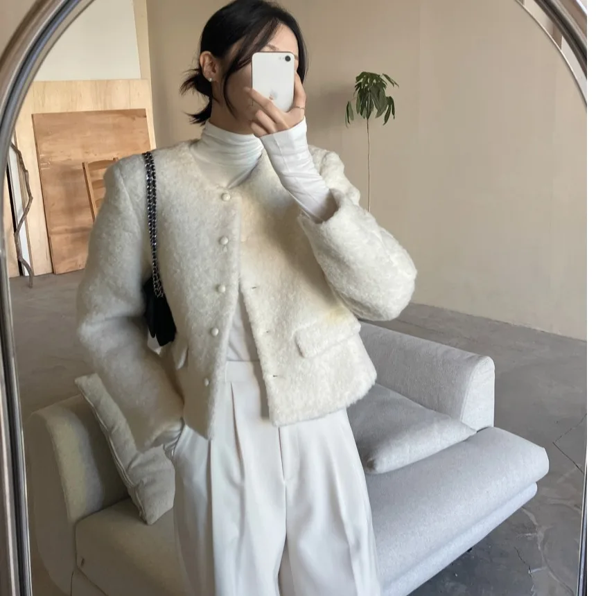 معطف صوفي للتنحيف بأسلوب كوري، تصميم دائري أنيق، أكمام طويلة، ياقة مستديرة، زر واحد، لون موحد، مناسب للعمل #1