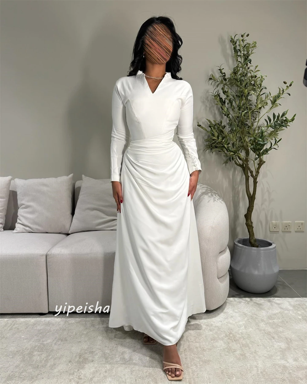 Jiayigong s-Robe Mi-Longue Plissée Personnalisée, avec lèvent, Ligne A, Col en V, sur Mesure, pour Occasions