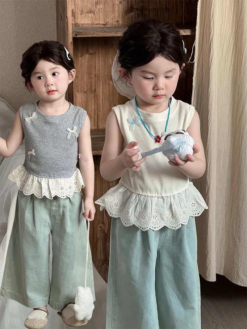 

Children Clothes Girl 1-8 Y Baby Girls Clothes Cotton Sleeveless Top with Bowknot and Lace Trim Soft and Cute for Daily Wear