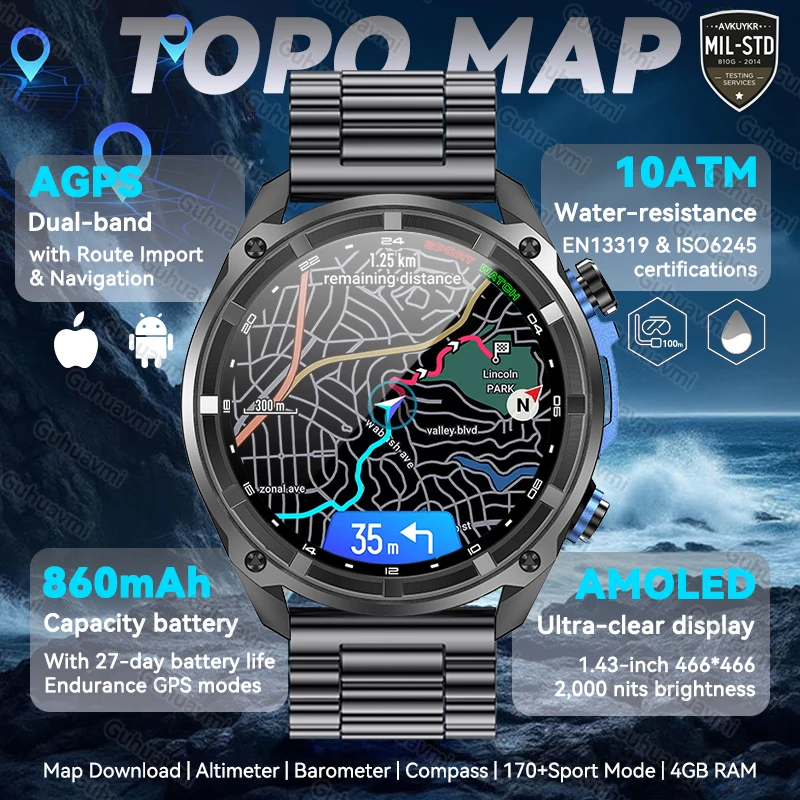 

New Outdoors GPS Offline Map Smart Watch AMOLED Screen Dual-Band AGPS 860mAh Sports Fitness Men Swim 10ATM Waterproof Smartwatch