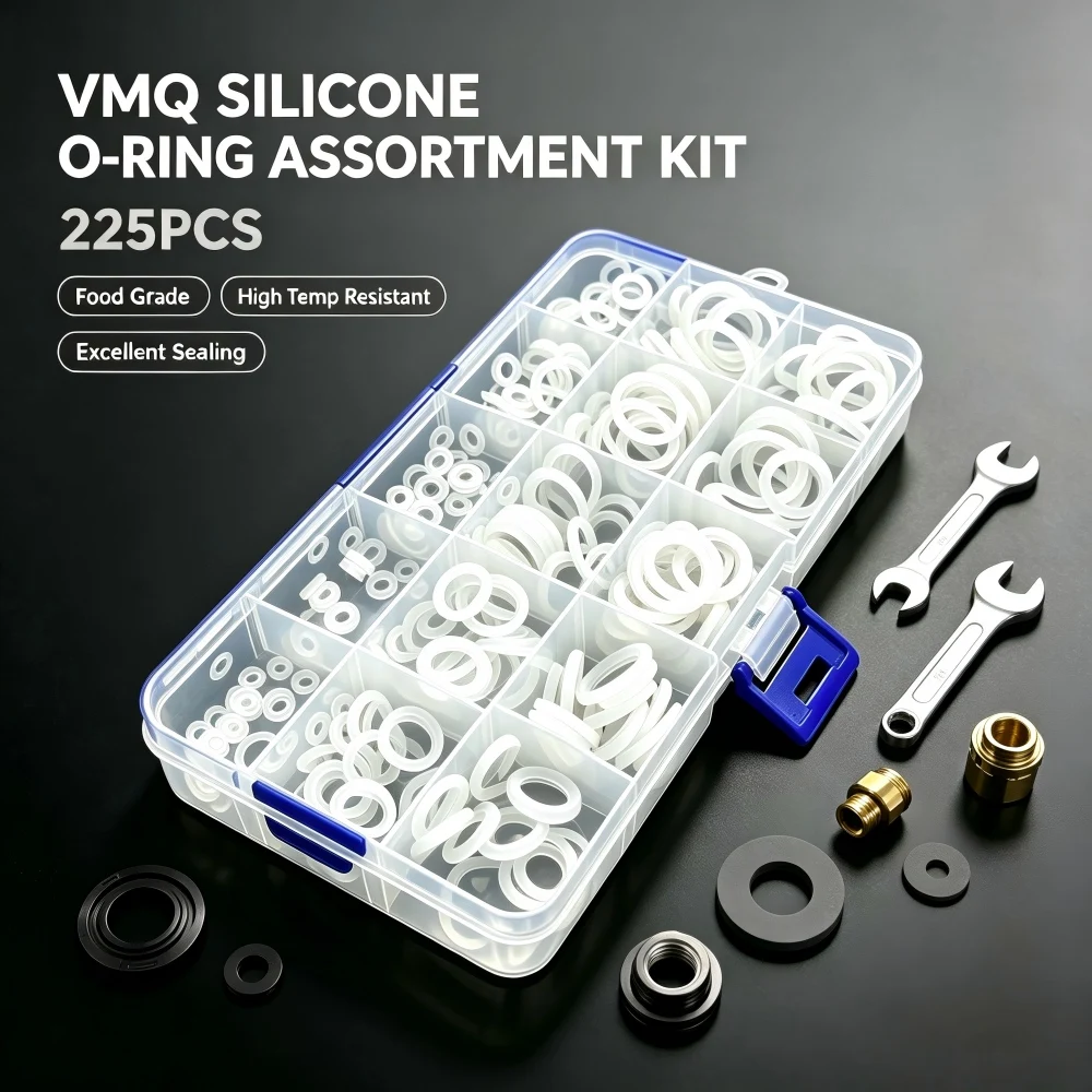 225Pcs White Food Grade VMQ Silicone O Ring Kit High Temperature Resistant Non-Toxic Safe Sealing Rings CS1.9/2.4mm OD6-20mm